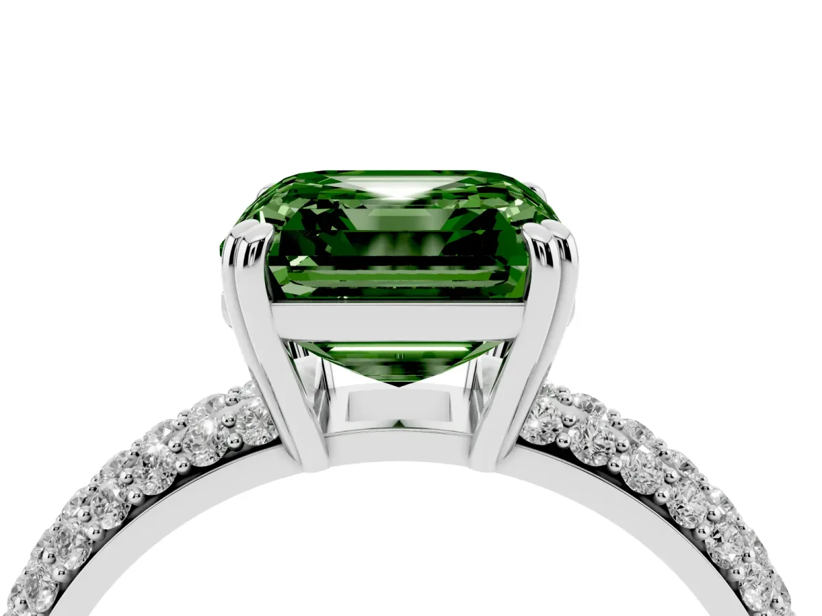 Fancy Green Asscher Cut Diamond Solitaire Ring with Multi-Row Round Pavé Band and Prong Setting Silver