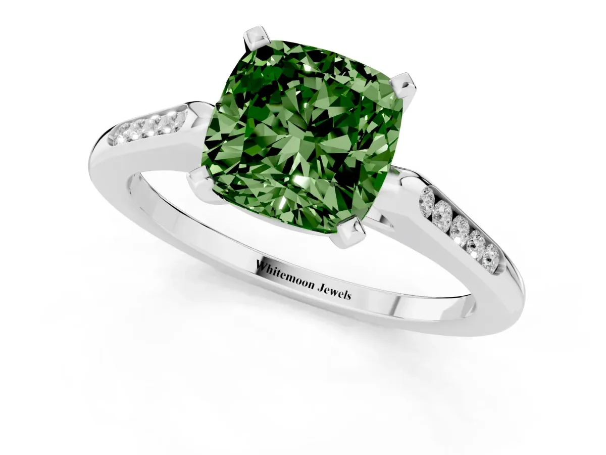 Fancy Green Cushion Cut Diamond Solitaire Ring with Channel Set Round Band and Prong Setting Silver