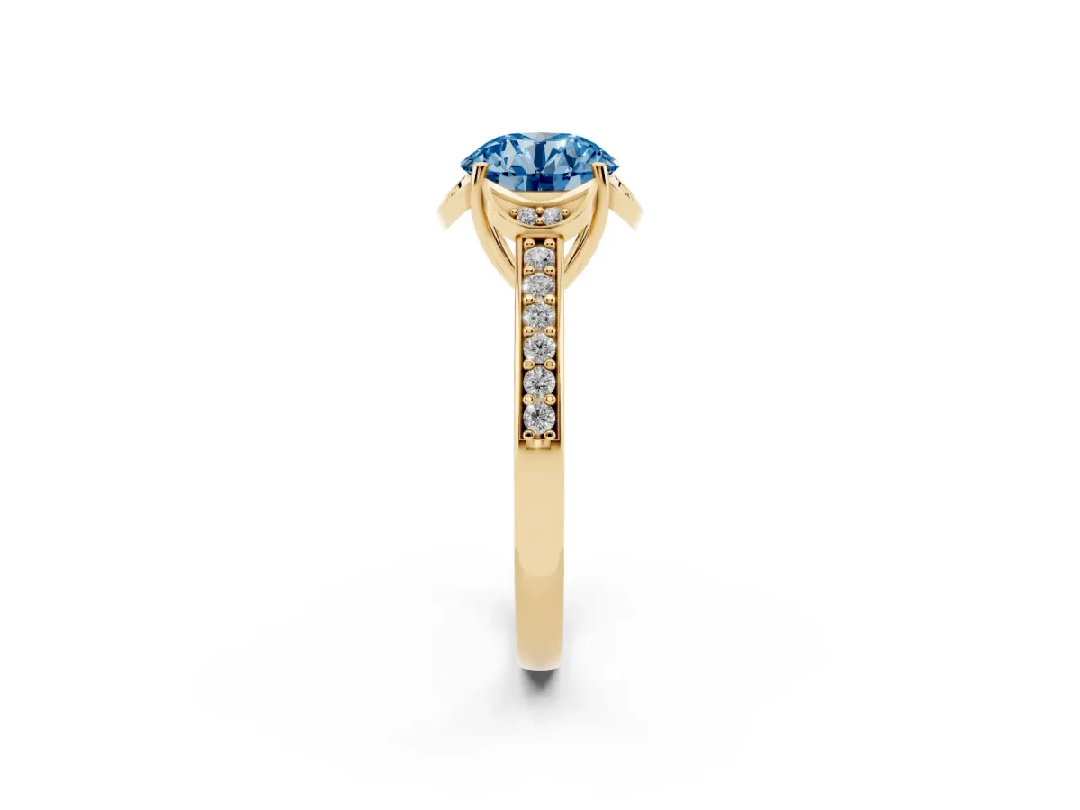 Fancy Blue Round Cut Cut Halo Diamond Ring with Channel Set Band and Four-Prong Setting Yellow gold