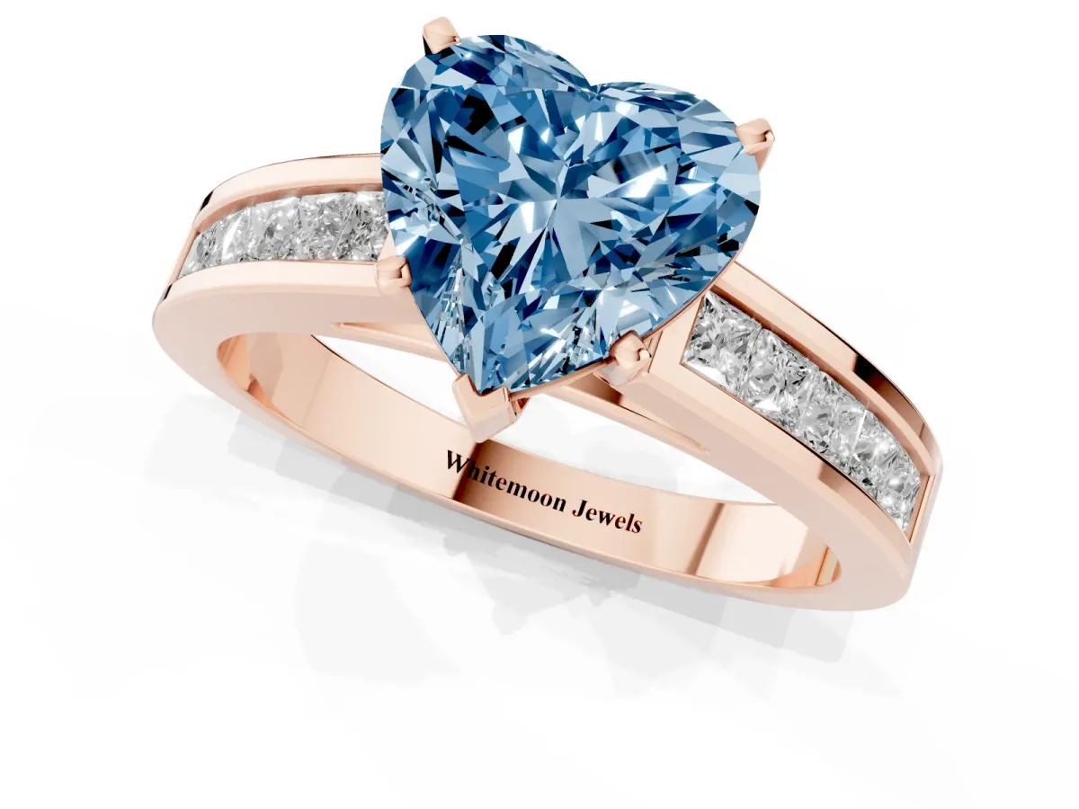 Fancy Blue Heart Cut Solitaire Diamond Ring with Channel-Set Band and Four-Prong Setting Rose gold