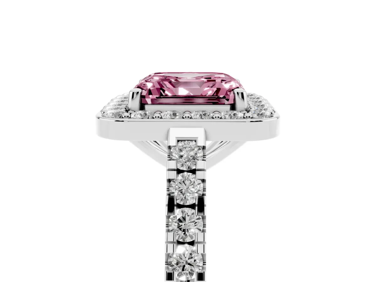 Fancy Pink Asscher Cut Diamond Halo Ring with Round Pavé Split Shank and Prong Setting Silver