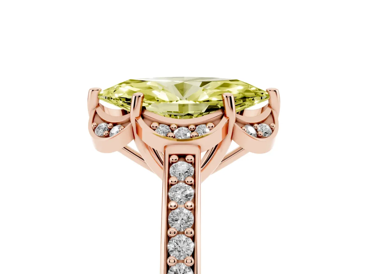 Fancy Yellow Marquise Cut Cut Halo Diamond Ring with Channel Set Band and Four-Prong Setting Rose gold
