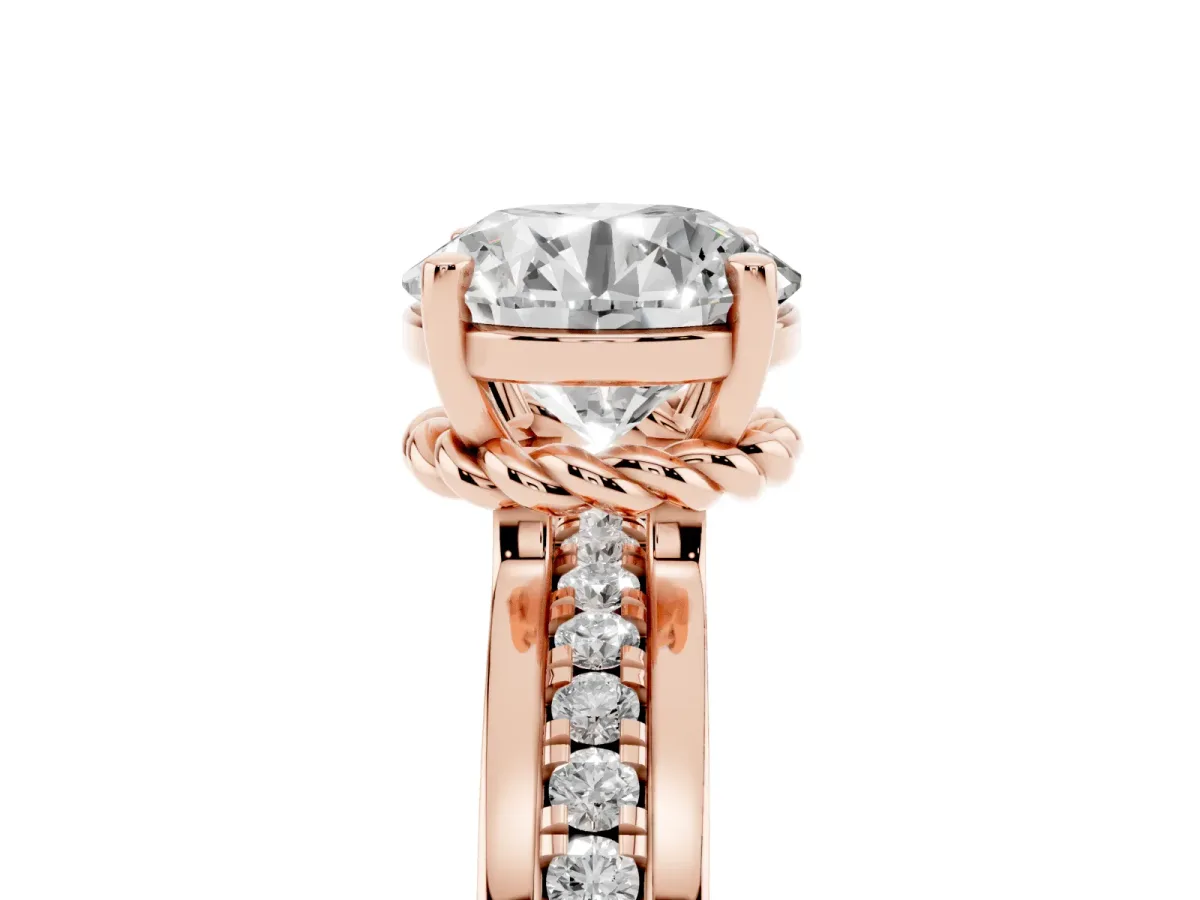 Round Cut Solitaire Diamond Ring with Channel Set Band and Six-Prong Setting Rose gold