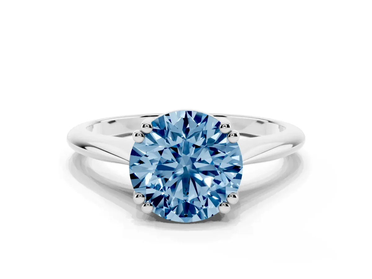 Fancy Blue Round Cut Solitaire Diamond Ring with Six-Prong Setting and Classic Band Silver