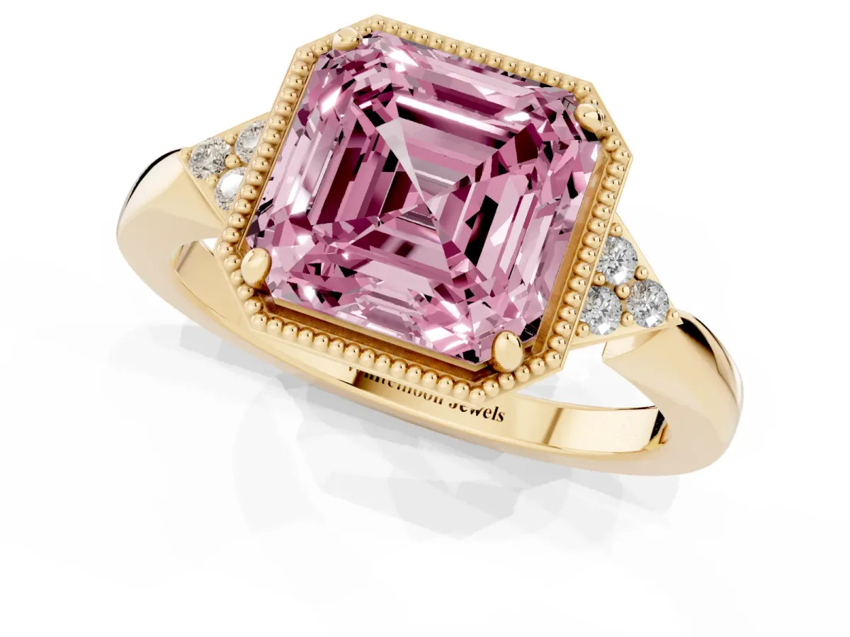 Fancy Pink Hexagonal Halo Asscher Cut Diamond Solitaire with Pavé Band and Four-Prong Setting Yellow gold