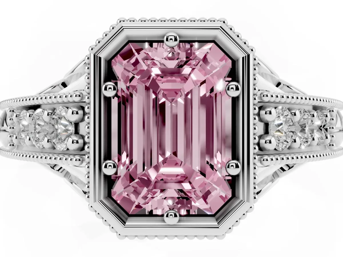 Fancy Pink Bezel Set Emerald Cut Diamond Milgrain Pave Engagement Ring Platinum