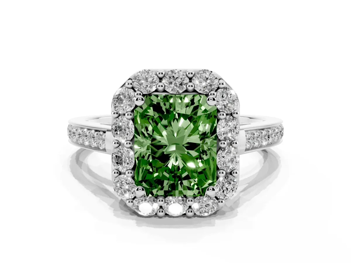 Fancy Green Radiant Cut Diamond Floral Halo Ring with Pavé Band and Prong Setting Silver