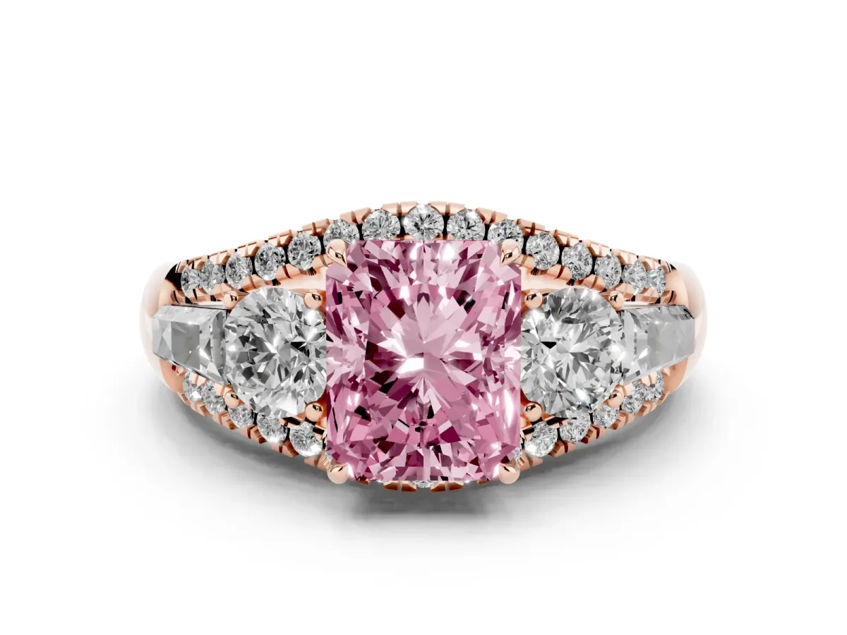 Fancy Pink Three-Stone Radiant Cut Diamond Engagement Ring with Pave Band and Prong Setting Rose gold