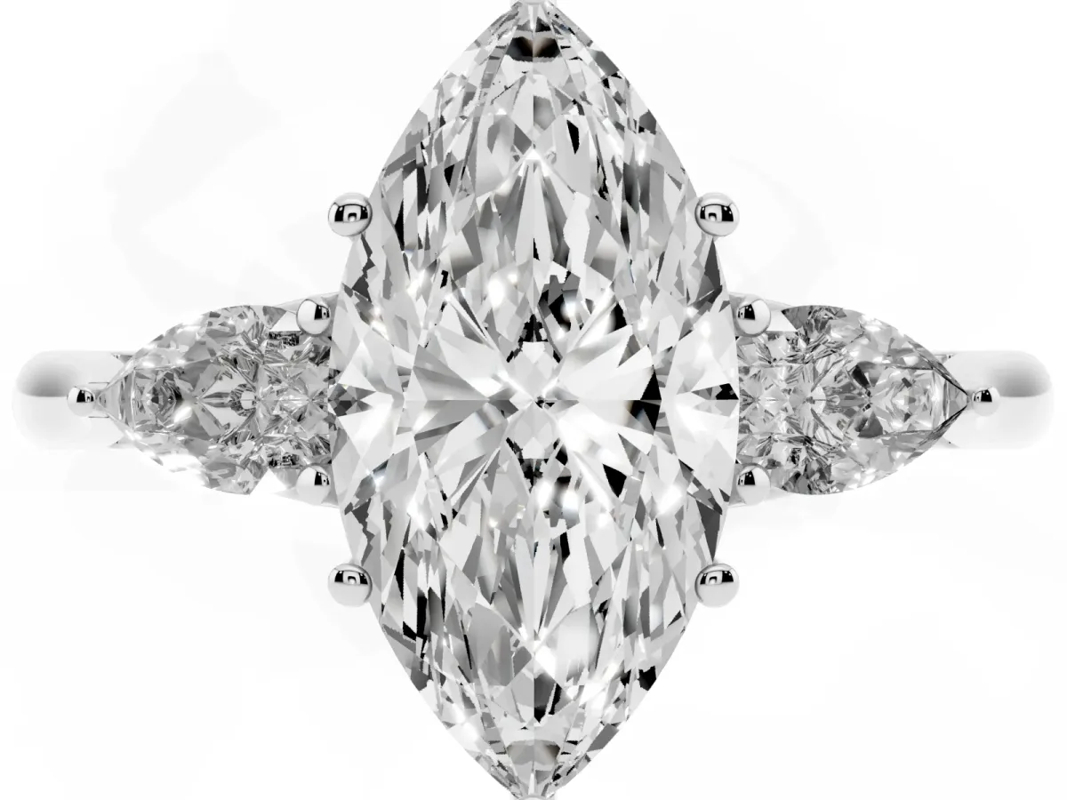 Three-Stone Marquise Cut Brilliant Diamond Solitaire Ring with Tapered Band and Four-Prong Setting White gold