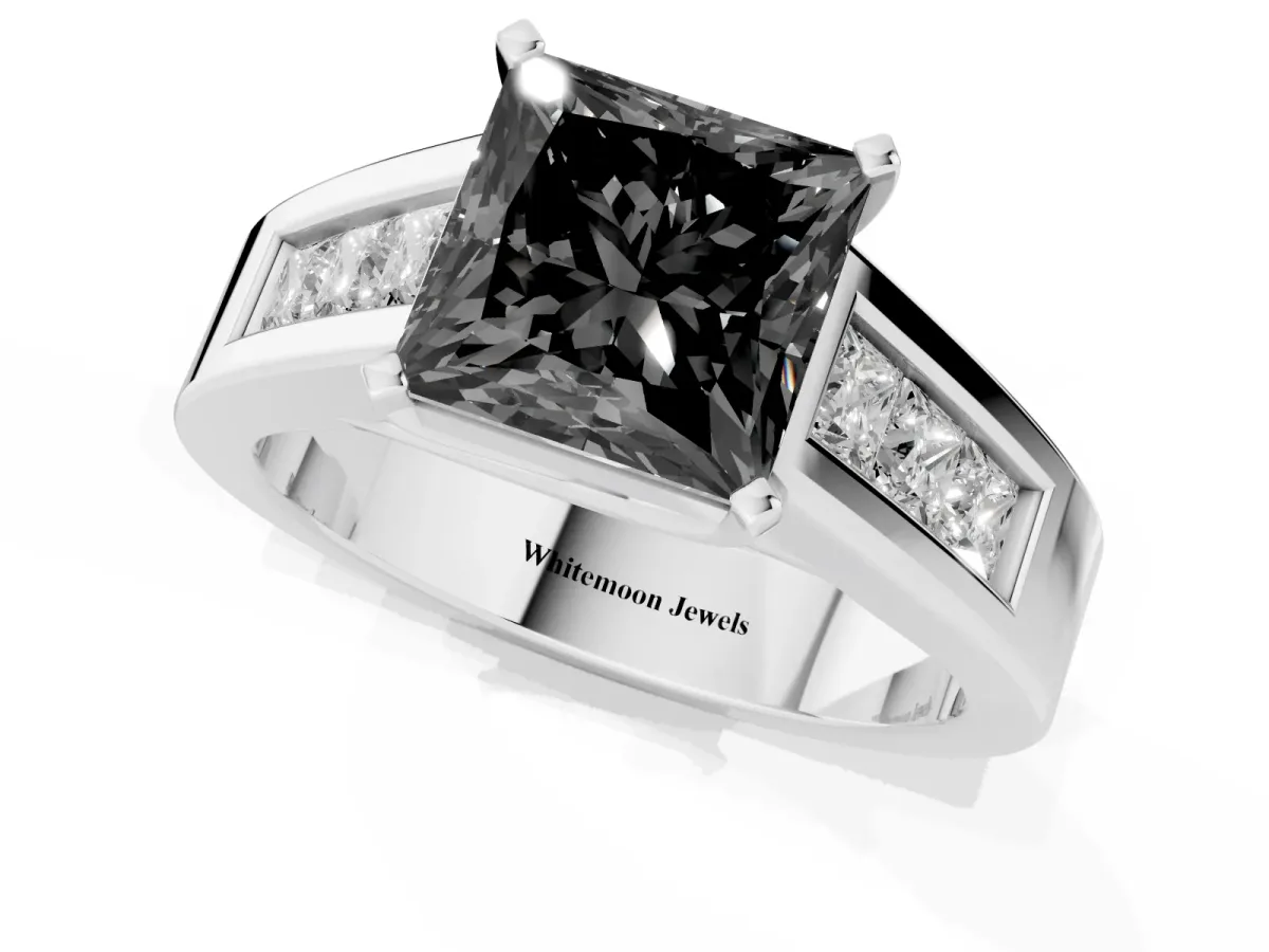 Fancy Black Princess Cut Cut Channel Set Solitaire Ring with Four-Prong Setting Silver
