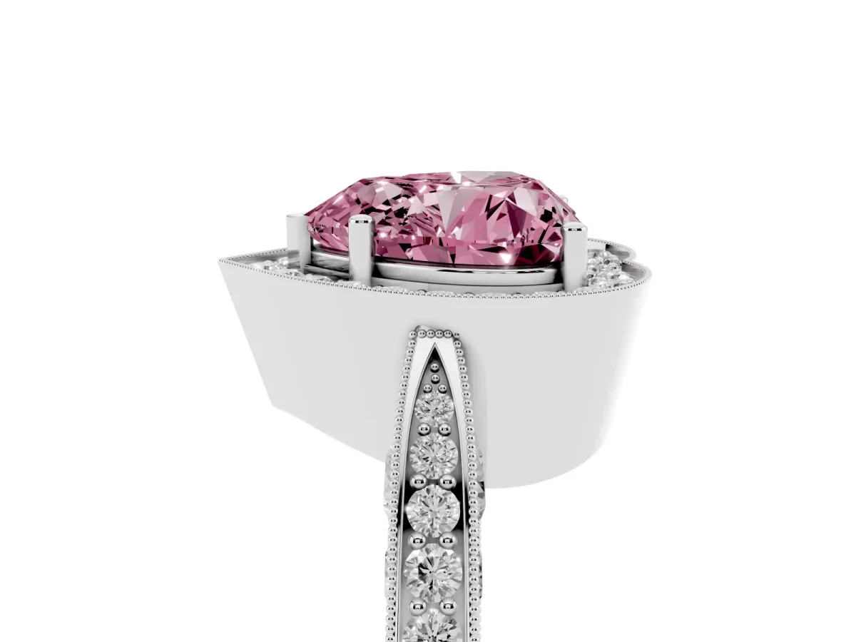 Fancy Pink Heart Cut Halo Diamond Engagement Ring with Split Shank Band and Four-Prong Setting Silver