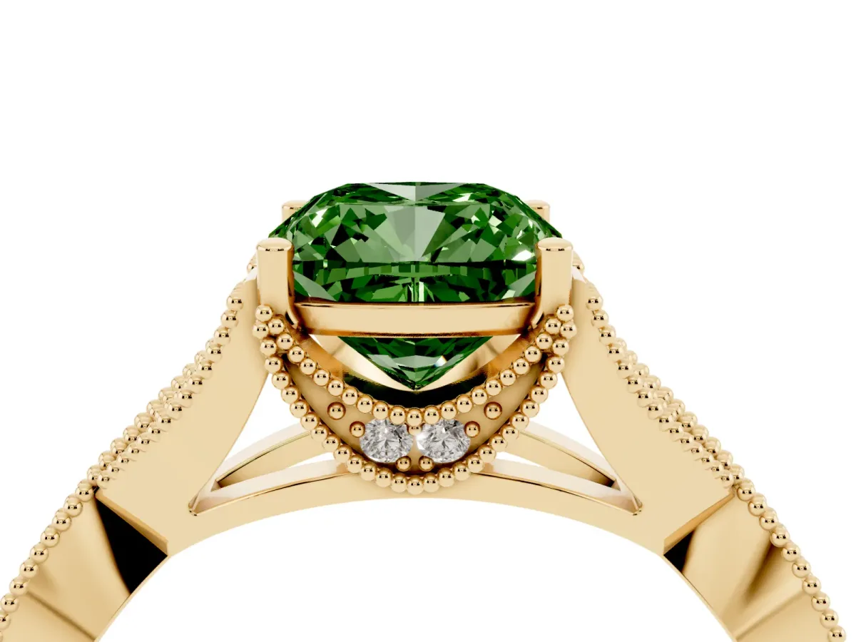 Fancy Green Cushion Cut Cut Diamond Twisted Band with Milgrain Pave Setting and Four-Prong Setting Yellow gold
