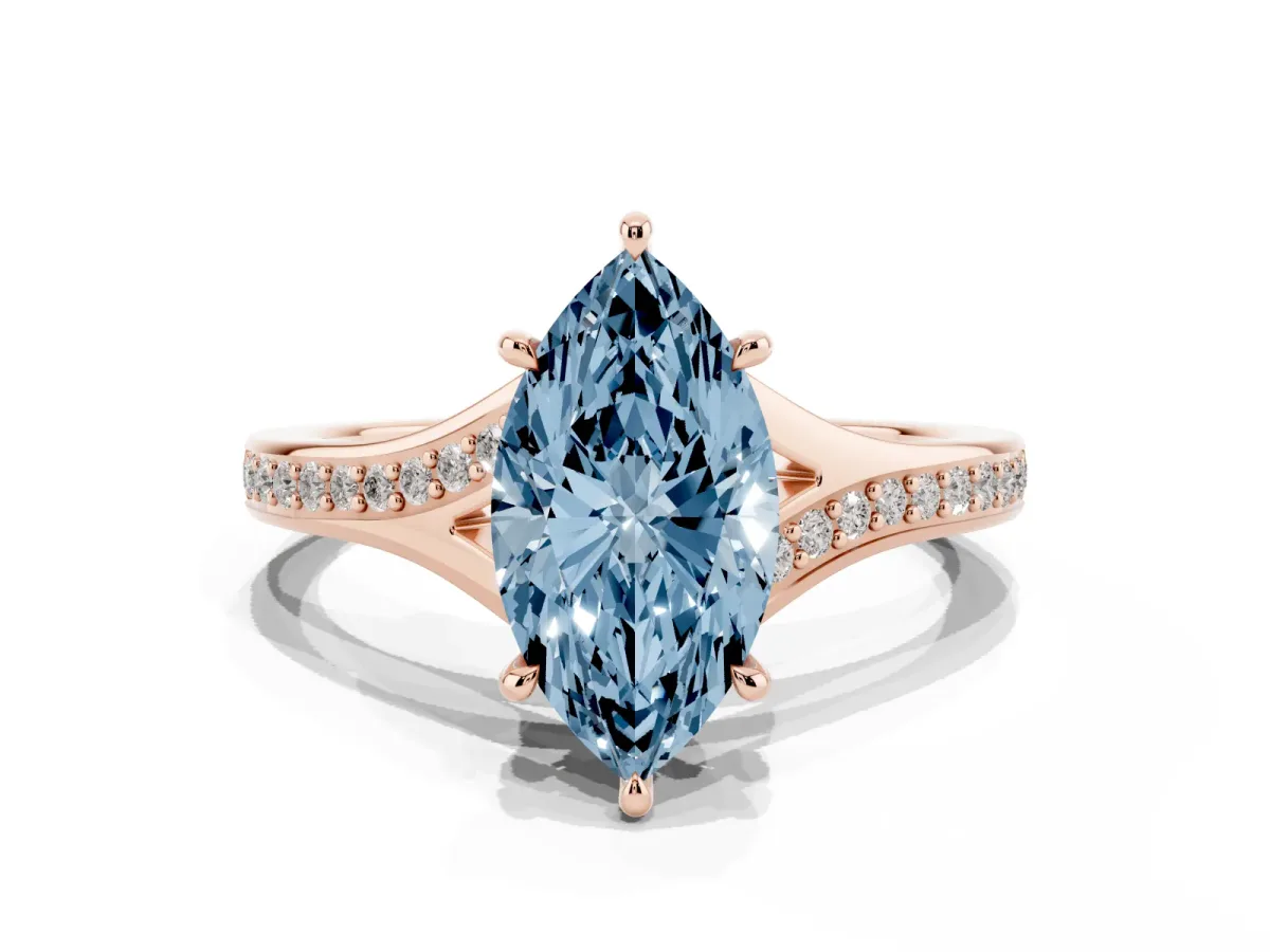 Fancy Blue Marquise Cut Diamond Solitaire Ring with Pavé Band and Prong Setting Rose gold