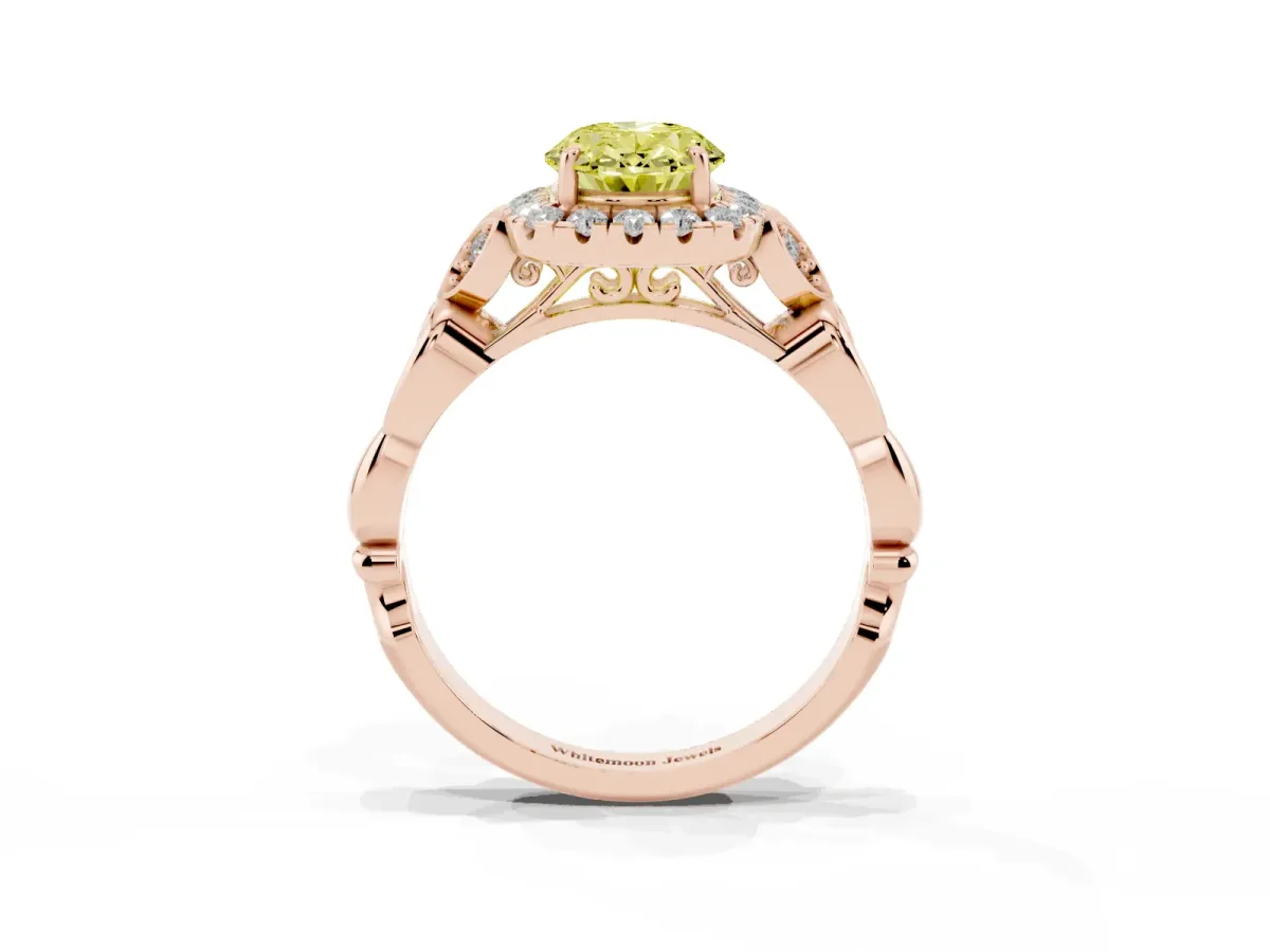 Fancy Yellow Oval Cut Halo Diamond Engagement Ring with Vintage-Inspired Band and Four-Prong Setting Rose gold