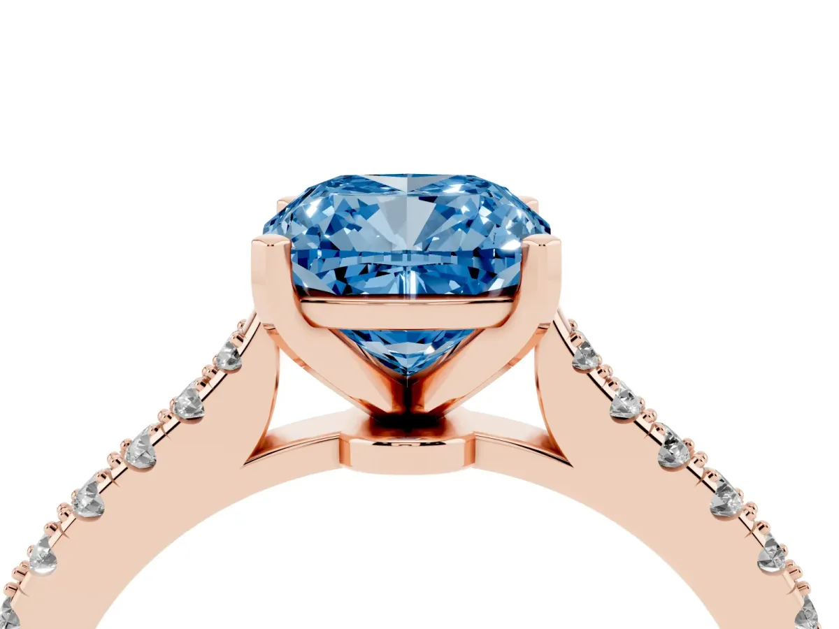 Fancy Blue Cushion Cut Cut Solitaire Diamond Engagement Ring with Pave Band and Four-Prong Setting Rose gold