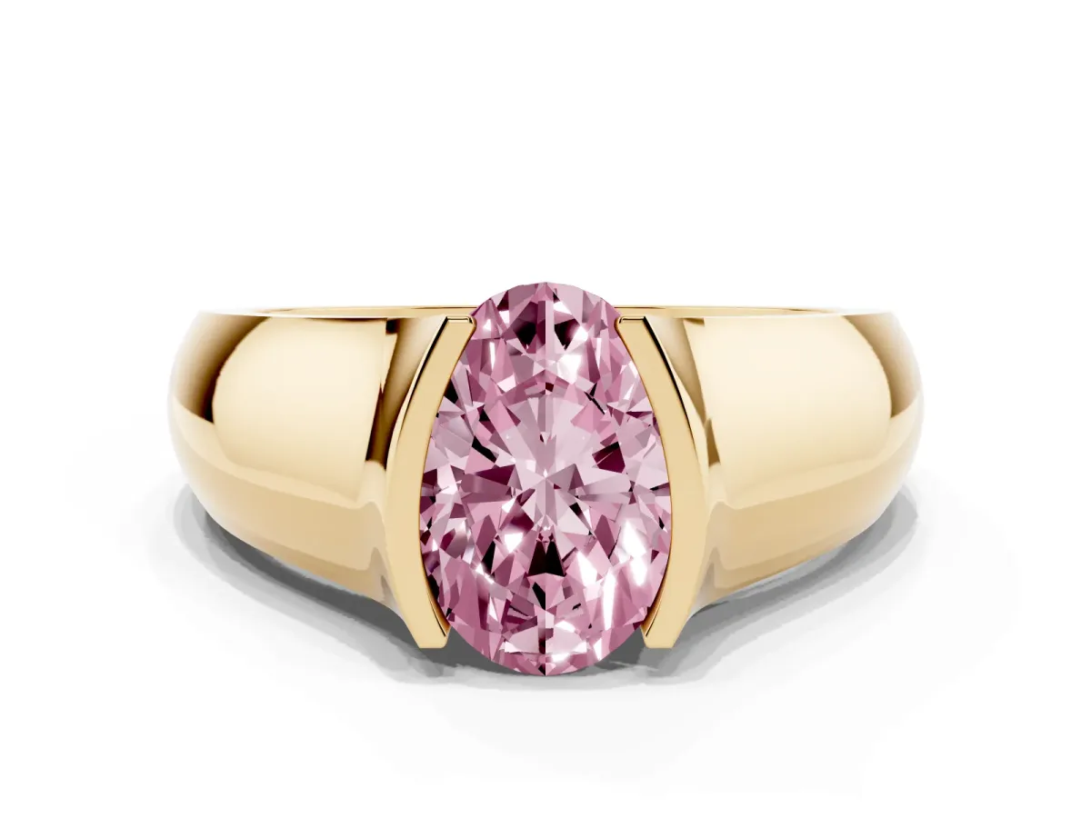 Fancy Pink Oval Cut Solitaire Bezel Set Diamond Ring with Wide Band Yellow gold