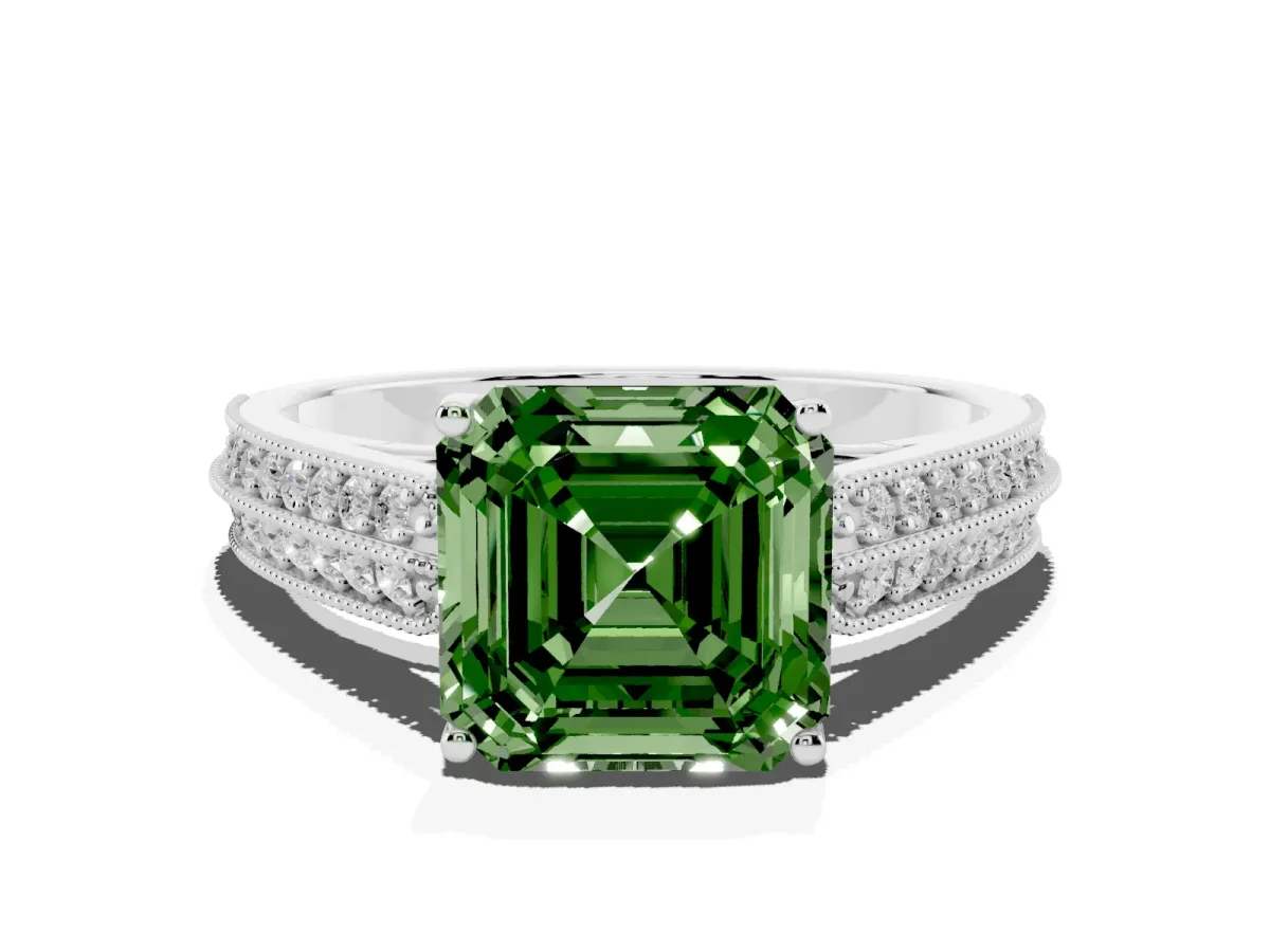 Fancy Green Asscher Cut Cut Pave Split Shank Engagement Ring with Four-Prong Setting Silver