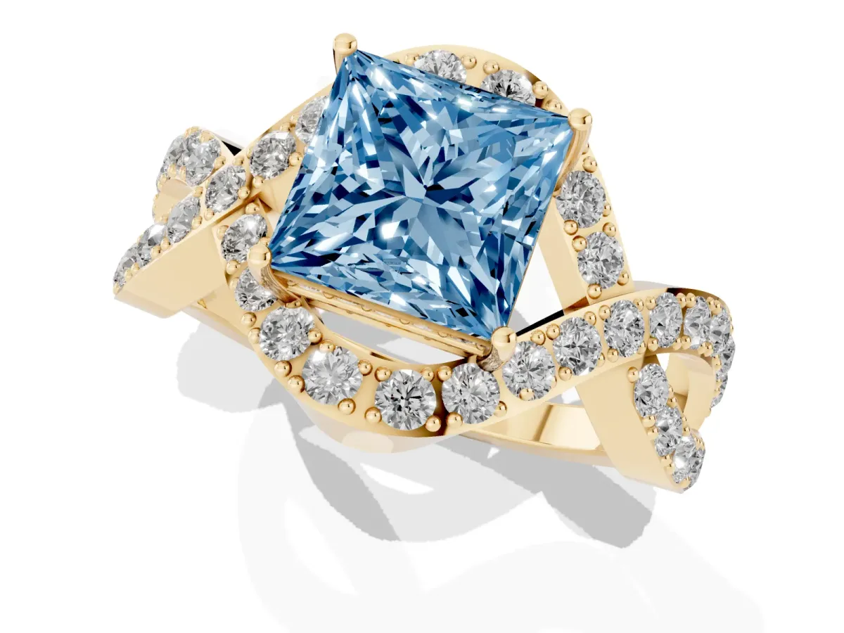 Fancy Blue Princess Cut Solitaire Twist Band Pavé Diamond Engagement Ring Yellow gold