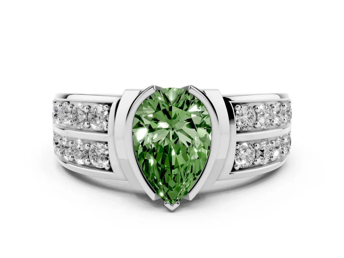 Fancy Green Pear Cut Brilliant Diamond Channel Set Wide Band Ring with Bezel Setting Platinum
