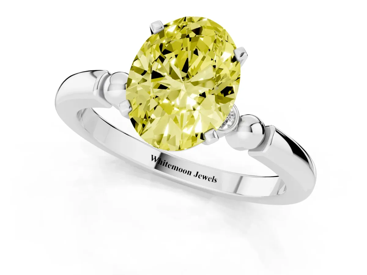 Fancy Yellow Oval Cut Solitaire Beaded Band with Four-Prong Setting Platinum
