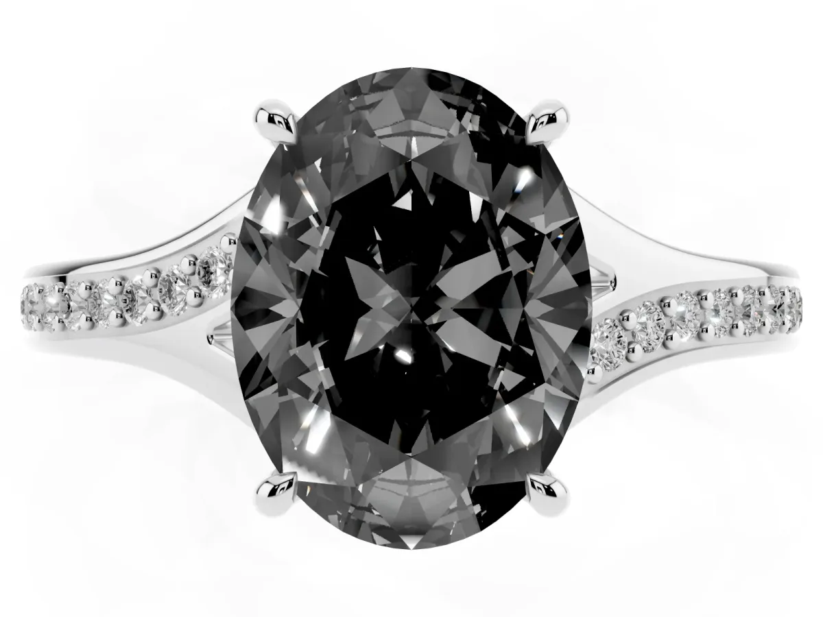 Fancy Black Oval Cut Diamond Solitaire Ring with Pavé Band and Prong Setting Silver
