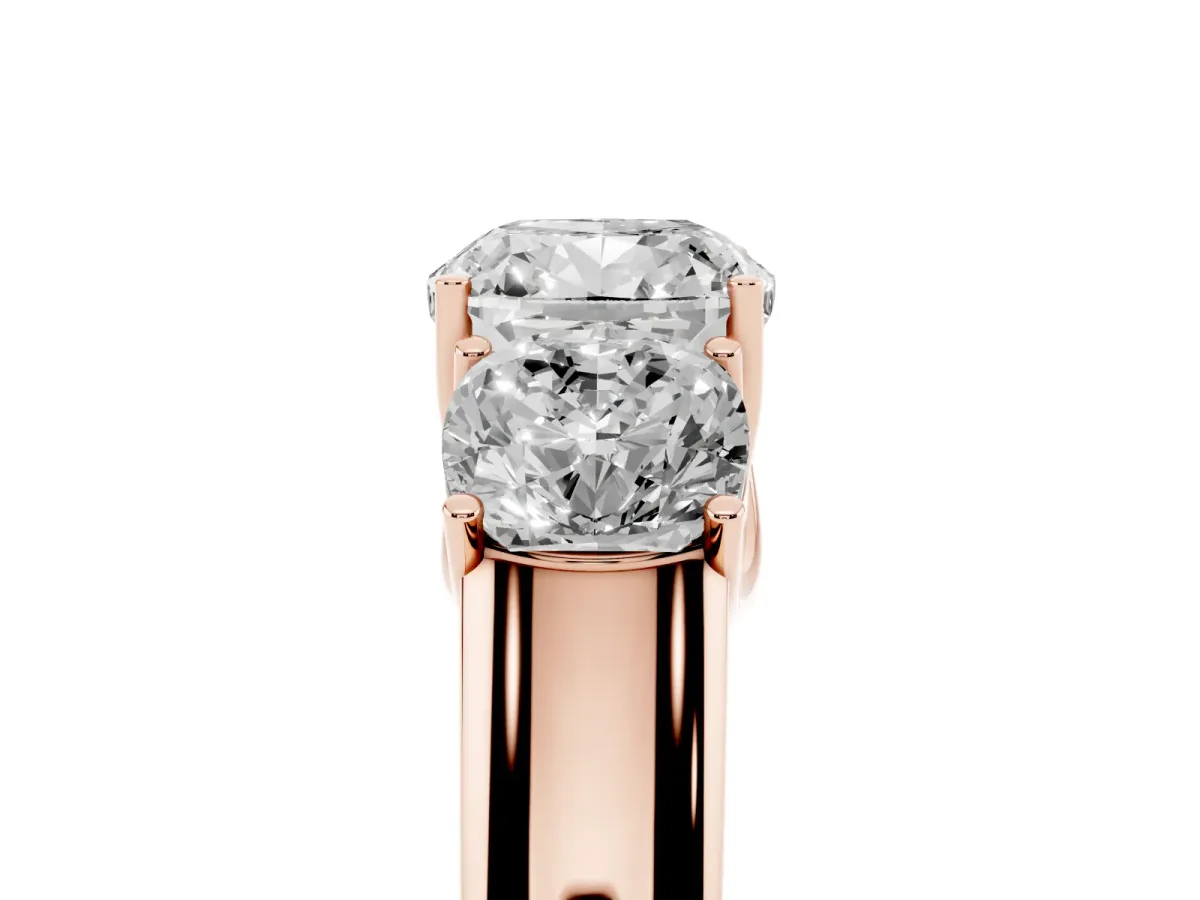 Three-Stone Cushion Cut Cut Diamond Ring with Prong Setting and Classic Band Rose gold