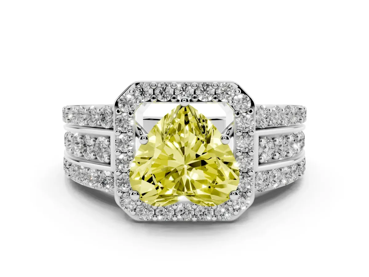 Fancy Yellow Heart Cut Halo Diamond Ring with Round Split Shank and Prong Setting Silver