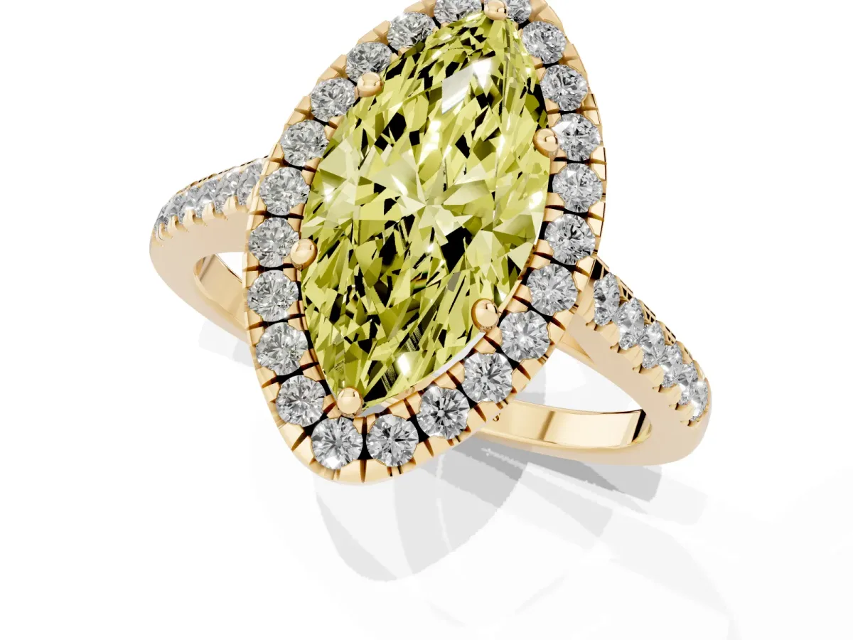 Fancy Yellow Marquise Cut Halo Pave Diamond Engagement Ring with Four-Prong Setting Yellow gold
