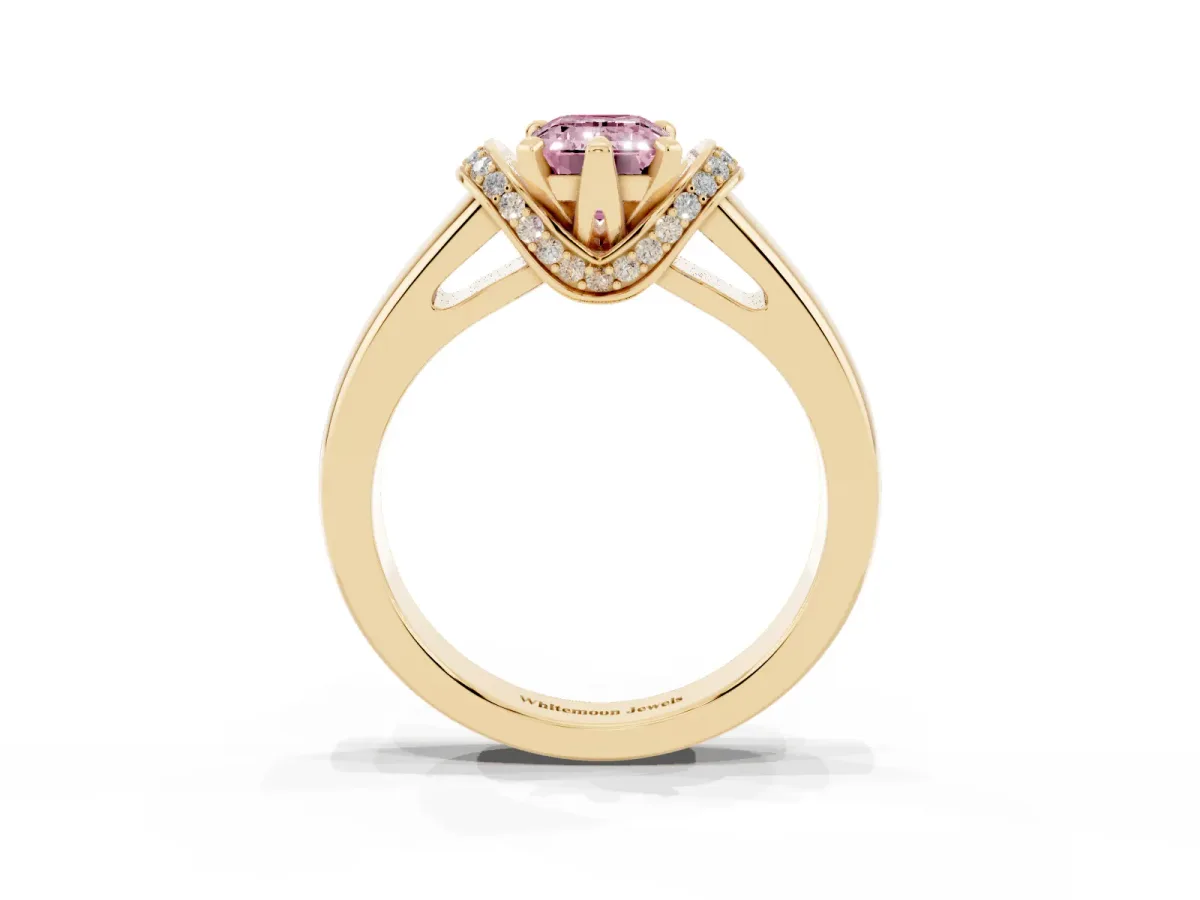 Fancy Pink Emerald Cut Solitaire Diamond Ring with Pave Band and Six-Prong Setting Yellow gold
