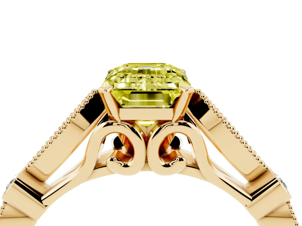 Fancy Yellow Emerald Cut Cut Diamond with Milgrain Marquise and Bezel Accents on a Solitaire Band with Prong Setting Yellow gold
