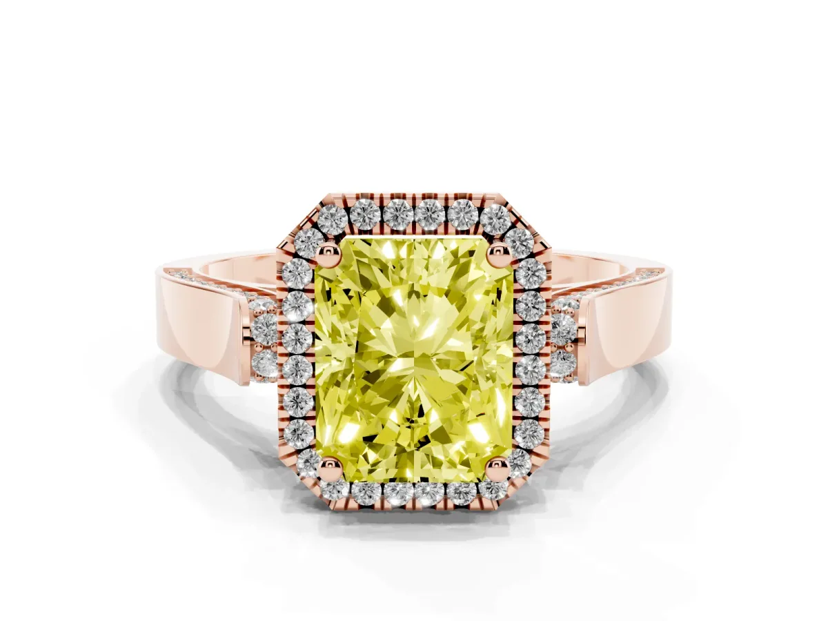 Fancy Yellow Radiant Cut Halo Round Diamond Twist Band with Four-Prong Setting Rose gold