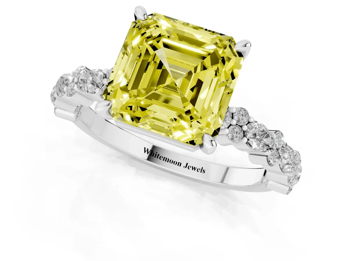 Fancy Yellow Asscher Cut Diamond Side Stone Solitaire Ring with Round and Four-Prong Setting Platinum