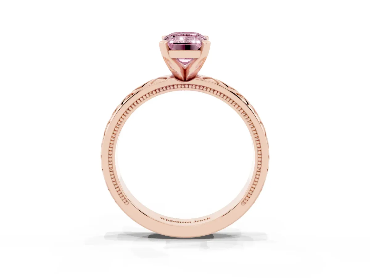 Fancy Pink Emerald Cut Solitaire Diamond Ring with Milgrain and Black Enamel X Pattern Band Rose gold