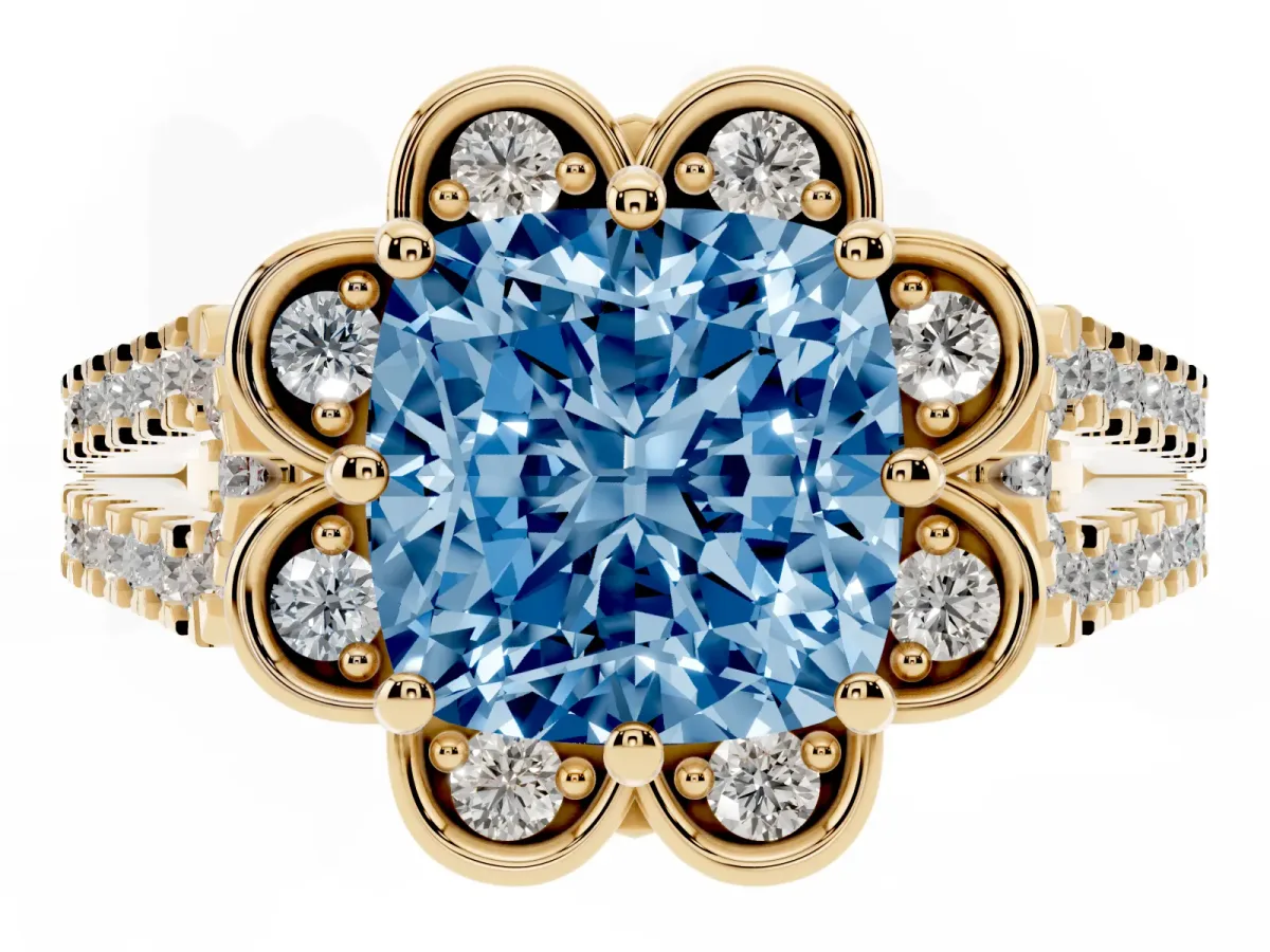 Fancy Blue Cushion Cut Halo Diamond Floral Split Shank Engagement Ring Yellow gold