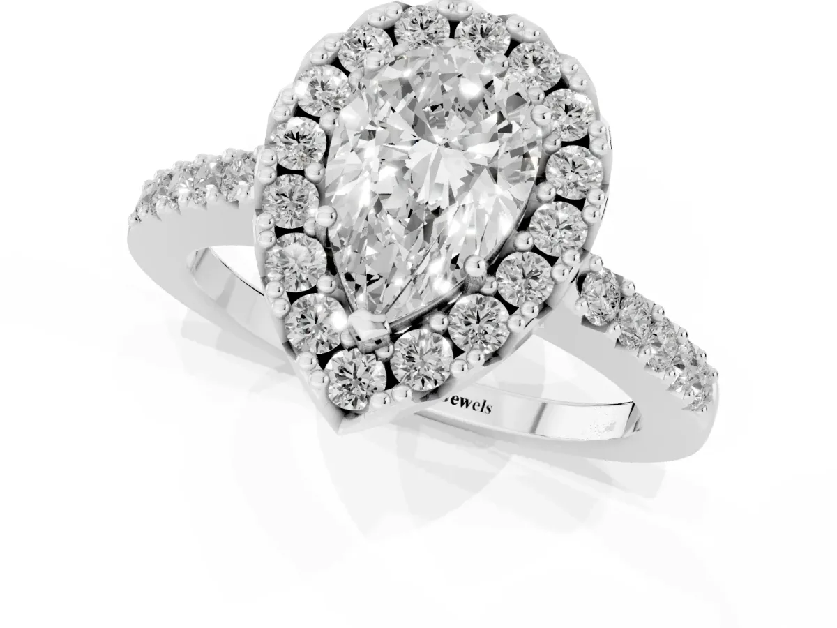 Pear Cut Halo Diamond Pavé Solitaire Ring Silver