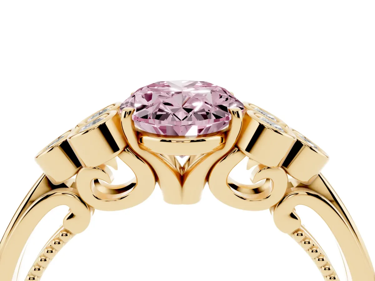 Fancy Pink Oval Cut Cut Diamond Engagement Ring with Bezel Set Round Side Stones and Prong Setting Yellow gold