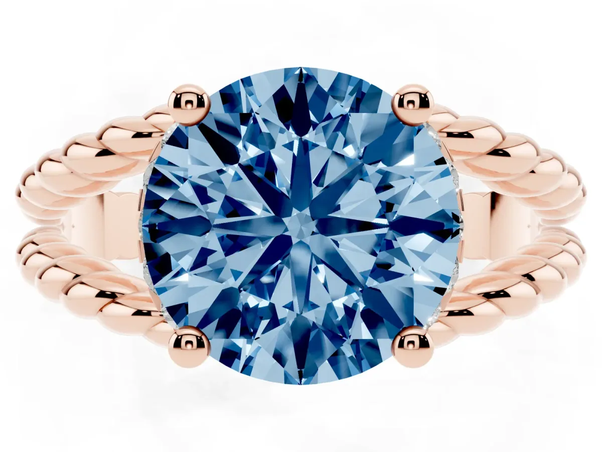 Fancy Blue Round Cut Halo Twisted Band Four-Prong Ring Rose gold