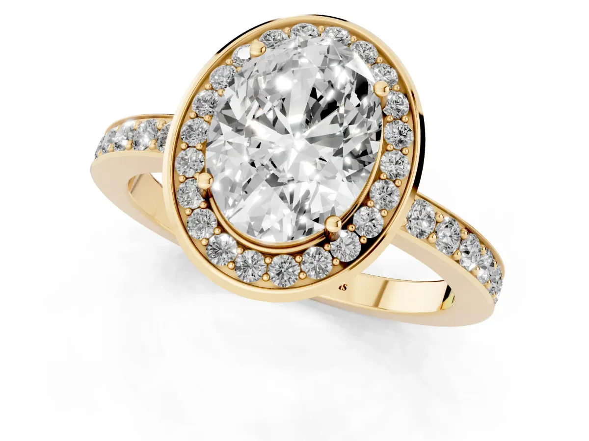 Oval Cut Diamond Halo Ring with Bezel Frame and Pavé Band Yellow gold