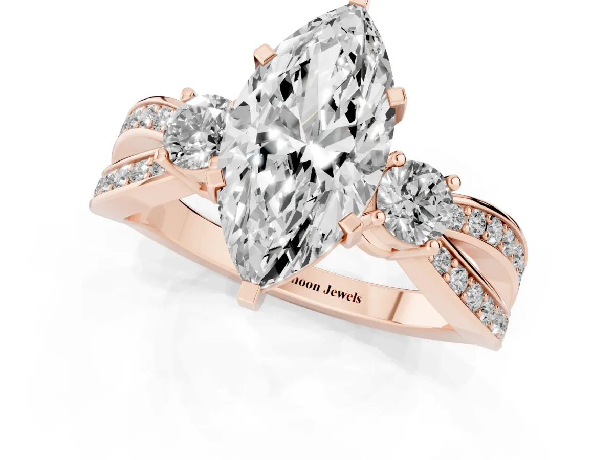 Three-Stone Marquise Cut Cut Diamond Twist Band with Prong Setting Rose gold