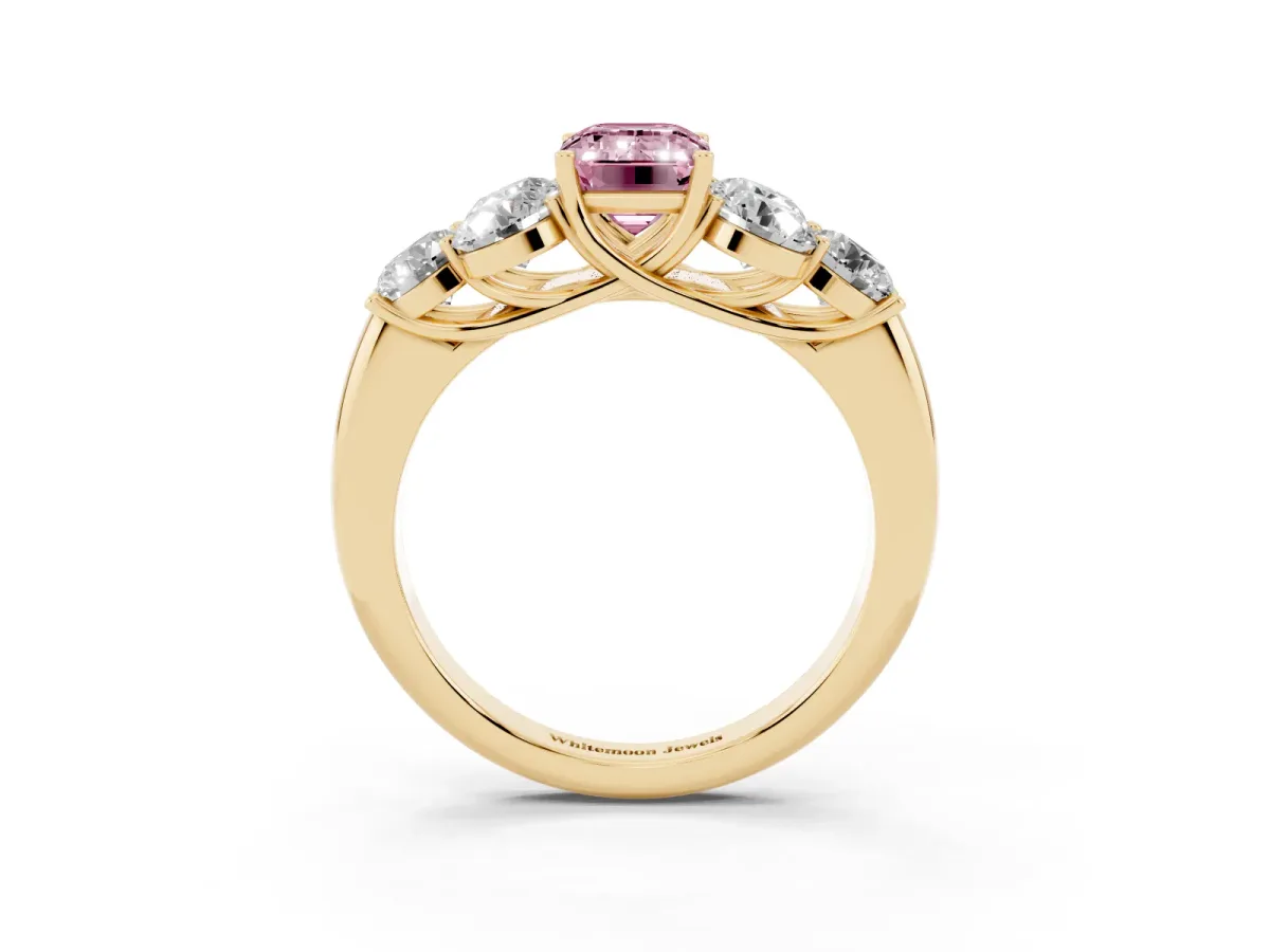 Fancy Pink Emerald Cut Cut Diamond Cluster Ring with Round Accent Stones and Prong Setting on a Classic Band Yellow gold
