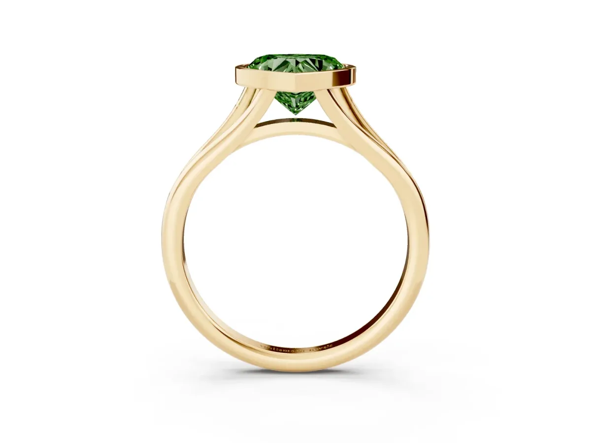 Fancy Green Bezel Set Heart Cut Cut Solitaire Ring with Tapered Band Yellow gold