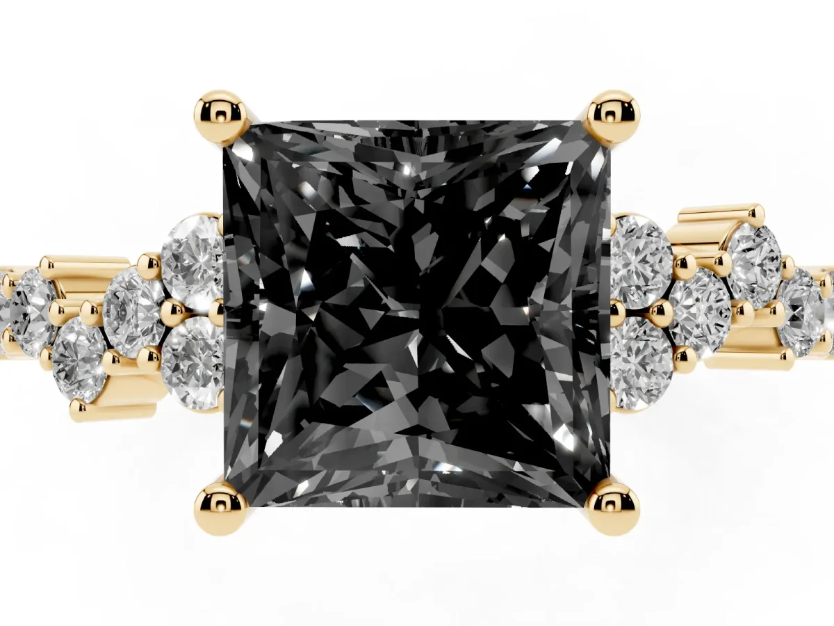 Fancy Black Princess Cut Diamond Scattered Round Accent Ring with Prong Setting Yellow gold