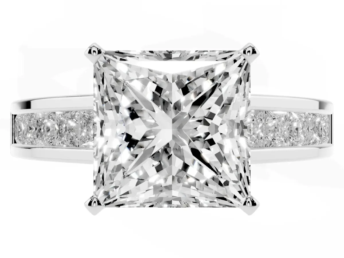 Princess Cut Solitaire Diamond Ring with Channel-Set Band and Four-Prong Setting Silver