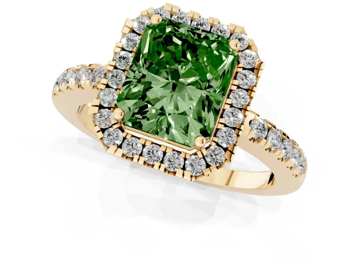 Fancy Green Radiant Cut Halo Diamond Engagement Ring with Pavé Band and Four-Prong Setting Yellow gold