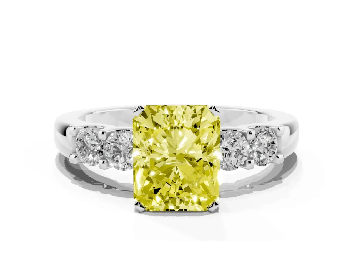 Fancy Yellow Radiant Cut Brilliant Cut Diamond Five-Stone Prong Set Engagement Ring with Channel Band White gold