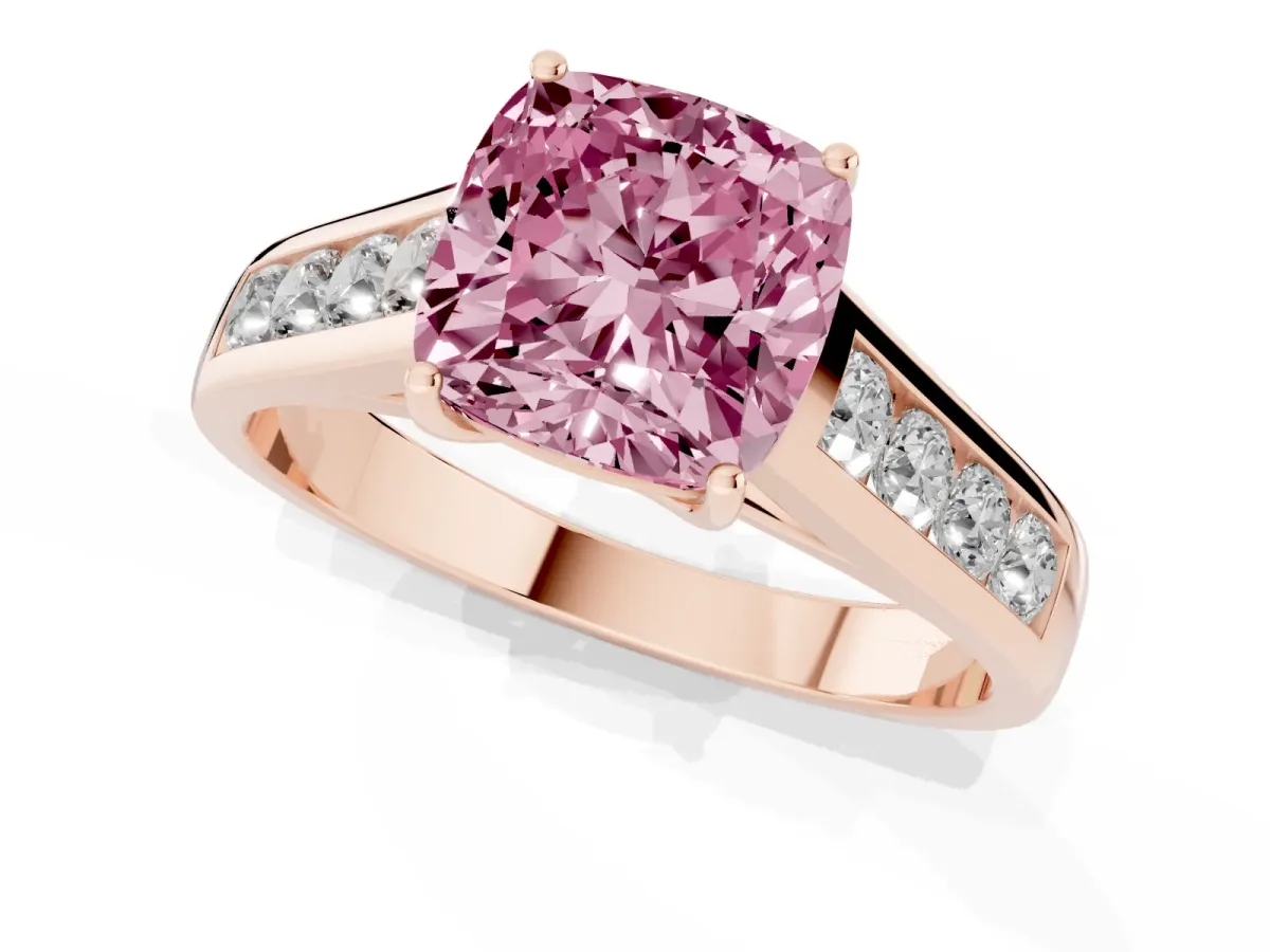 Fancy Pink Cushion Cut Brilliant Channel-Set Solitaire Ring with Four-Prong Setting Rose gold