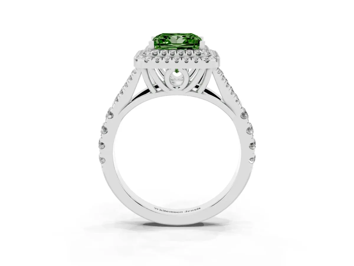 Fancy Green Princess Cut Diamond Pavé Split Shank Double Halo Engagement Ring Silver