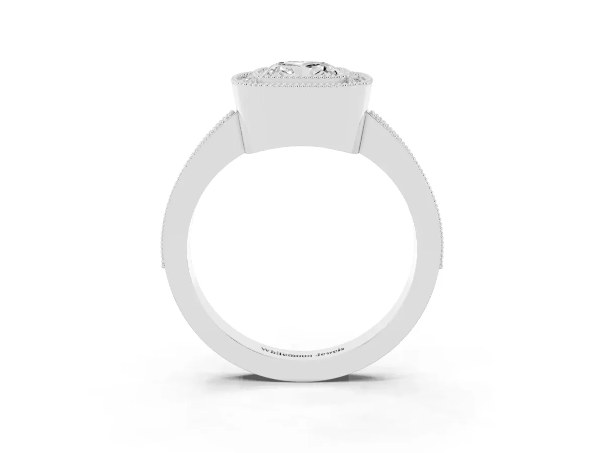 Cushion Cut-Cut Diamond Halo Engagement Ring with Pave Band and Prong Setting Platinum