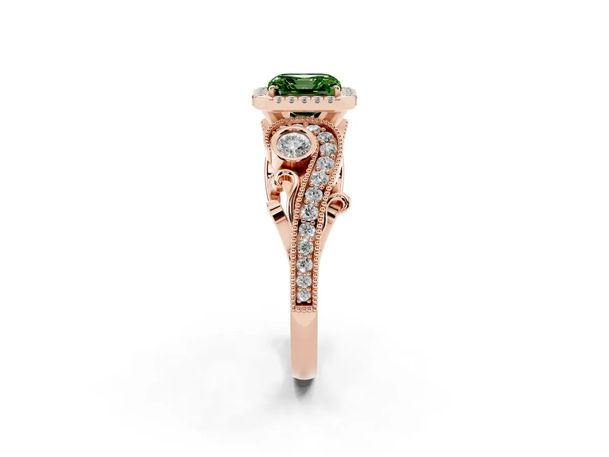 Fancy Green Asscher Cut Halo Diamond Ring with Milgrain and Bezel Accents on a Split Shank Band Rose gold