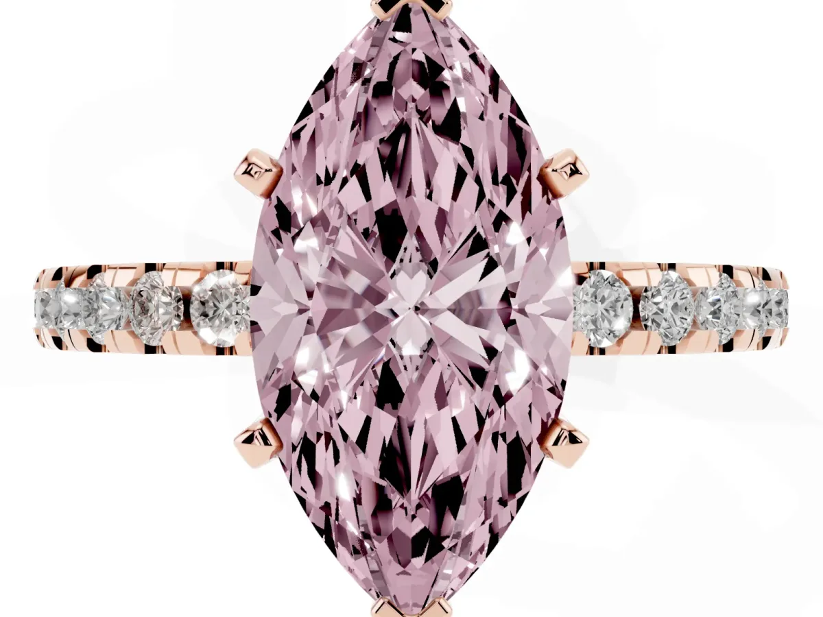 Fancy Pink Marquise Cut Diamond Solitaire Ring with Round Pavé Band and Four-Prong Setting Rose gold